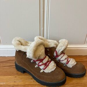 JCrew Women's Nordic Brown Shearling-Lined Boots with Red Laces